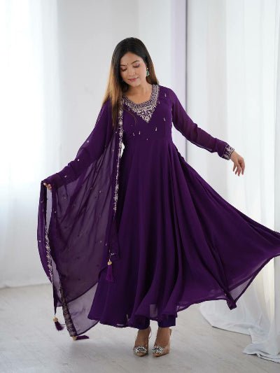 Purple Soft Georgette Embroidered Anarkali Suit Set - BONYHUBSALWAR KAMEEZ