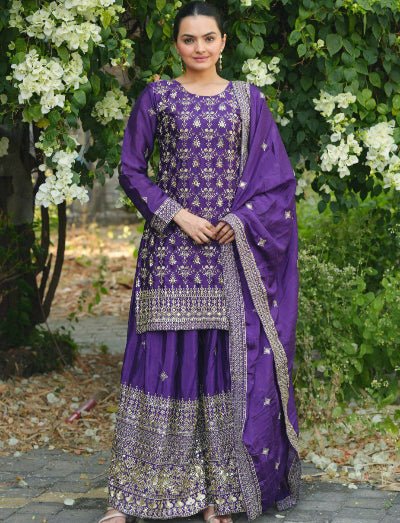 Purple Stunning Chinon Silk Sharara Palazzo Suit Set - BONYHUBSALWAR KAMEEZ