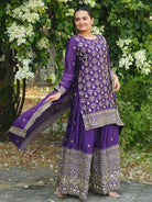 Purple Stunning Chinon Silk Sharara Palazzo Suit Set - BONYHUBSALWAR KAMEEZ