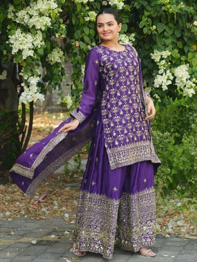 Purple Stunning Chinon Silk Sharara Palazzo Suit Set - BONYHUBSALWAR KAMEEZ