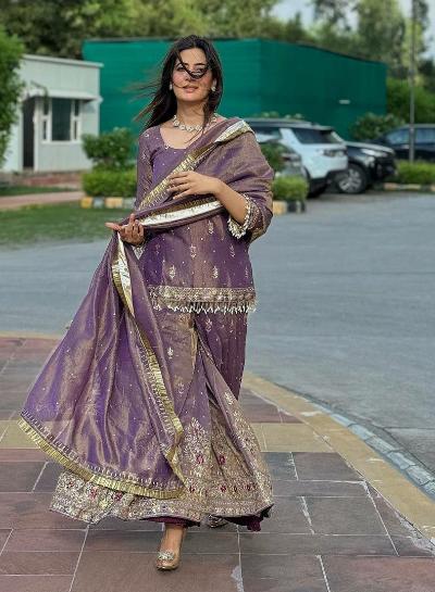 Purple Twil Gold Net Sharara Palazzo Suit Set UK Next Day - BONYHUBSALWAR KAMEEZ