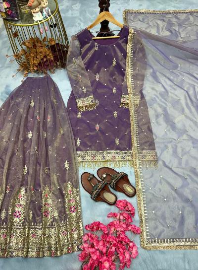 Purple Twil Gold Net Sharara Palazzo Suit Set UK Next Day - BONYHUBSALWAR KAMEEZ