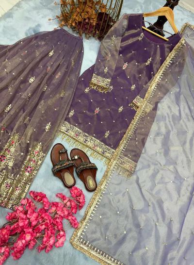 Purple Twil Gold Net Sharara Palazzo Suit Set UK Next Day - BONYHUBSALWAR KAMEEZ