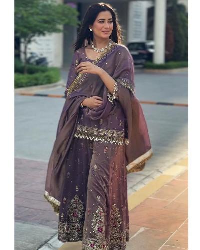 Purple Twil Gold Net Sharara Palazzo Suit Set UK Next Day - BONYHUBSALWAR KAMEEZ