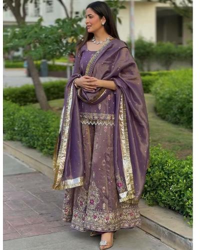 Purple Twil Gold Net Sharara Palazzo Suit Set UK Next Day - BONYHUBSALWAR KAMEEZ
