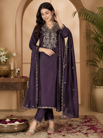 Purple Vichitra Silk Suit Set with Dupatta - BONYHUBSALWAR KAMEEZ