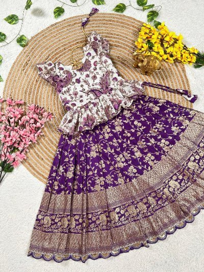Purple &amp; White Kids Zari Silk Lehenga Blouse Set - BONYHUBLehangas