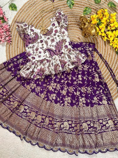 Purple &amp; White Kids Zari Silk Lehenga Blouse Set - BONYHUBLehangas