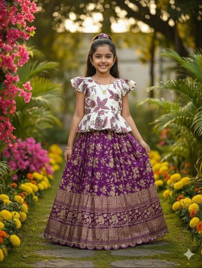 Purple & White Kids Zari Silk Lehenga Blouse Set - BONYHUBLehangas