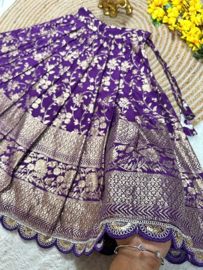 Purple &amp; White Kids Zari Silk Lehenga Blouse Set - BONYHUBLehangas