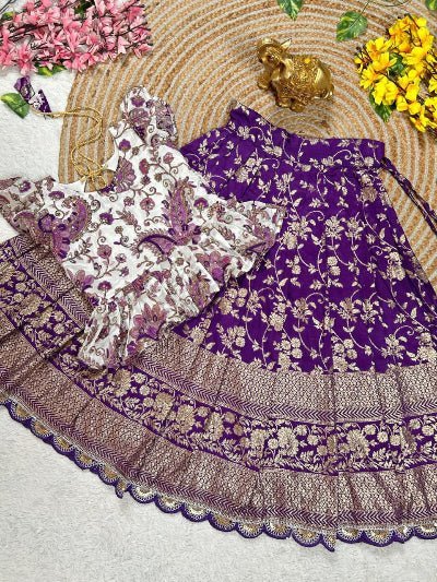 Purple &amp; White Kids Zari Silk Lehenga Blouse Set - BONYHUBLehangas