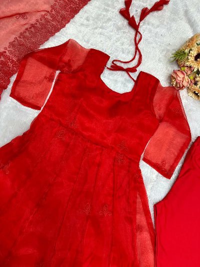 Radiant Red Tabby Silk Embroidered Anarkali Suit Set - BONYHUBSALWAR KAMEEZ