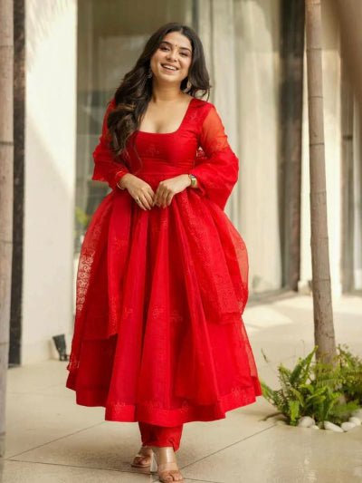 Radiant Red Tabby Silk Embroidered Anarkali Suit Set - BONYHUBSALWAR KAMEEZ