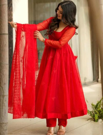 Radiant Red Tabby Silk Embroidered Anarkali Suit Set - BONYHUBSALWAR KAMEEZ
