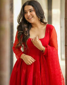 Radiant Red Tabby Silk Embroidered Anarkali Suit Set - BONYHUBSALWAR KAMEEZ