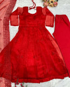 Radiant Red Tabby Silk Embroidered Anarkali Suit Set - BONYHUBSALWAR KAMEEZ