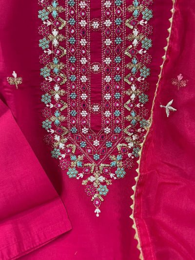 Rani Pink Chanderi Embroidered Suit With Organza Dupatta - BONYHUBSALWAR KAMEEZ