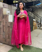 Rani Pink Chanderi Embroidered Suit With Organza Dupatta - BONYHUBSALWAR KAMEEZ