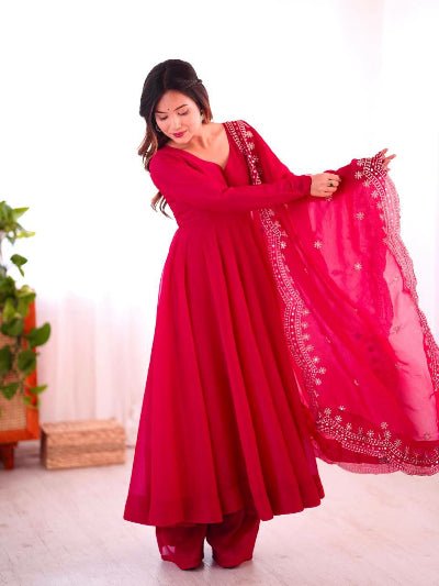 Rani Pink Festive Flair Anarkali Suit Set - BONYHUBSALWAR KAMEEZ