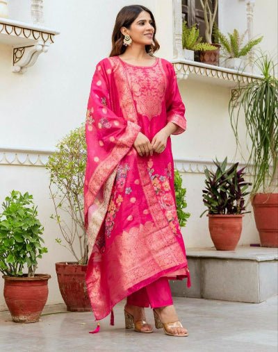 Rani Pink Floral Chanderi Jacquard Salwar Suit Set - BONYHUBSALWAR KAMEEZ
