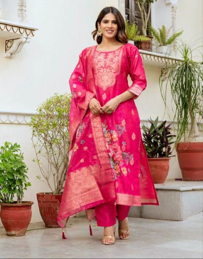 Rani Pink Floral Chanderi Jacquard Salwar Suit Set - BONYHUBSALWAR KAMEEZ