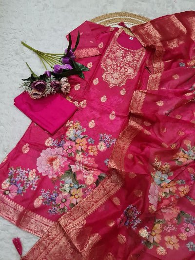 Rani Pink Floral Chanderi Jacquard Salwar Suit Set - BONYHUBSALWAR KAMEEZ