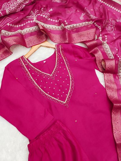 Rani Pink Roman Silk Salwar Suit Set - BONYHUBSALWAR KAMEEZ