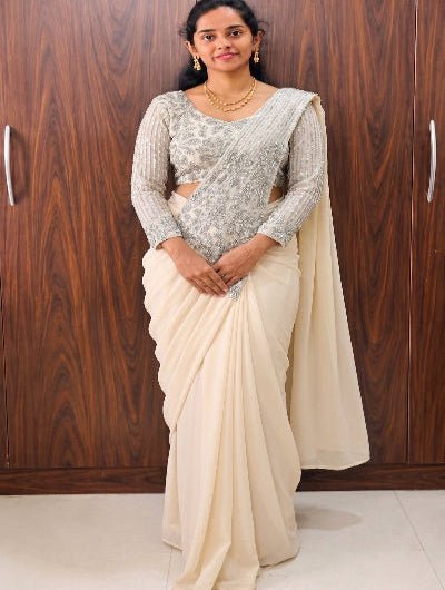 Ready to Wear Pre-Draped Georgette Saree with Embroidered Blouse | One Minute Pre-Stitched SarIcream offwhite beige 