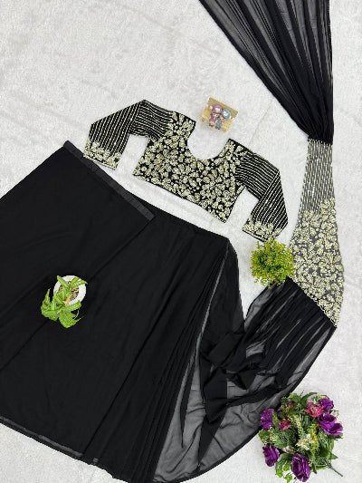 Ready to Wear Pre-Draped Georgette Saree with Embroidered Blouse | One Minute Pre-Stitched SarI black 