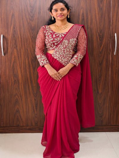 Ready to Wear Pre-Draped Georgette Saree with Embroidered Blouse | One Minute Pre-Stitched SarI dark pink 