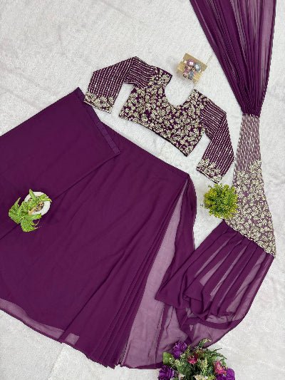Ready to Wear Pre-Draped Georgette Saree with Embroidered Blouse | One Minute Pre-Stitched SarIburgandy 