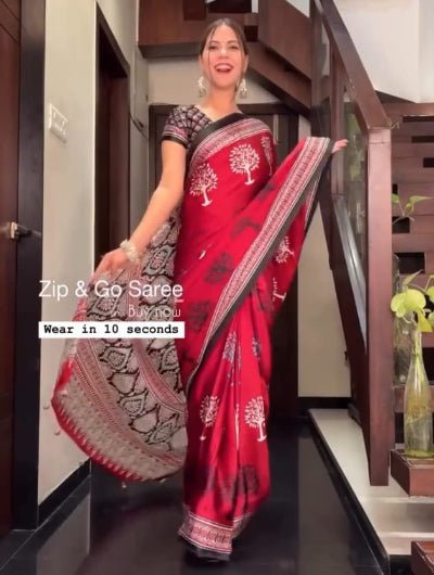 Red 10 Second Printed Silk Trending Readymade Saree Gown UK Next Day - BONYHUBSAREE