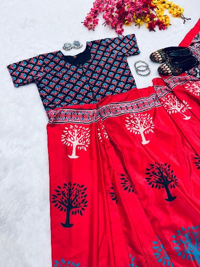 Red 10 Second Printed Silk Trending Readymade Saree Gown UK Next Day - BONYHUBSAREE