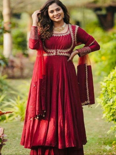 Red Anarkali Elegant Festive Anarkali Suit Set - BONYHUBSALWAR KAMEEZ