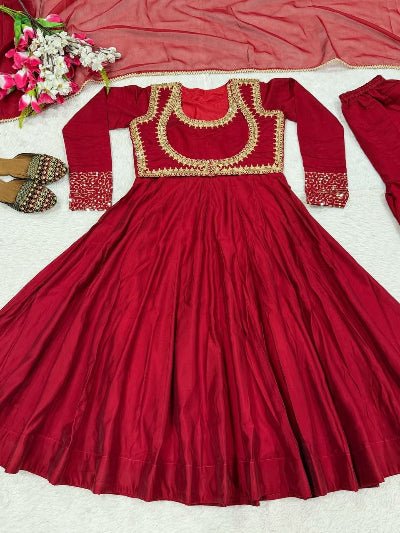 Red Anarkali Elegant Festive Anarkali Suit Set - BONYHUBSALWAR KAMEEZ