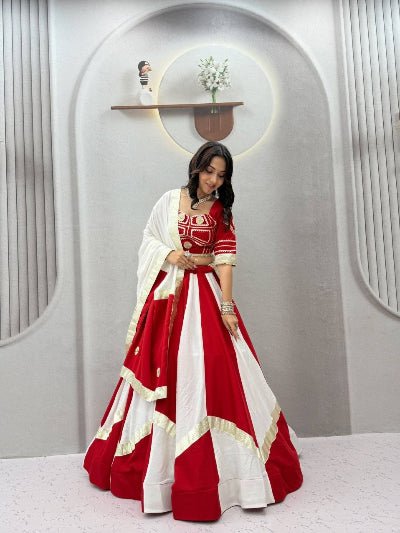 Red and White Navratri Lehenga Embroidered Blouse Dupatta Set - BONYHUBSALWAR KAMEEZ