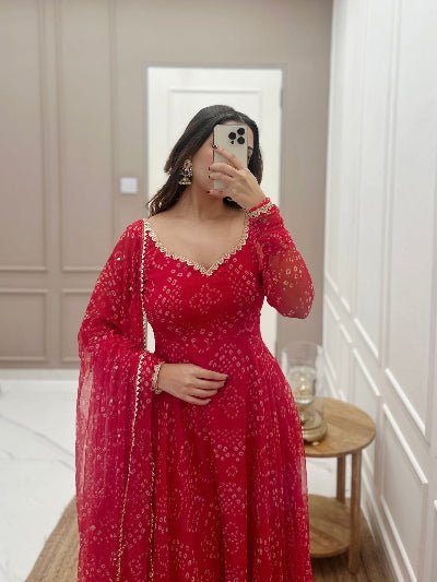 Red Bandhani Georgette Anarkali Suit Set UK Next Day - BONYHUBSALWAR KAMEEZ