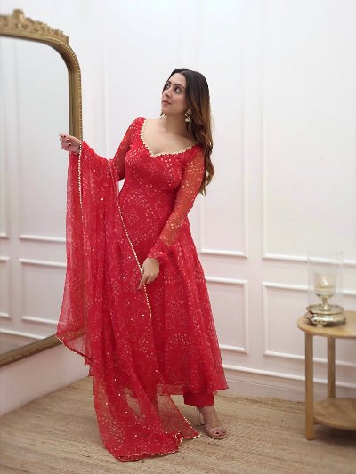 Red Bandhani Georgette Anarkali Suit Set UK Next Day - BONYHUBSALWAR KAMEEZ