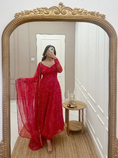 Red Bandhani Georgette Anarkali Suit Set UK Next Day - BONYHUBSALWAR KAMEEZ