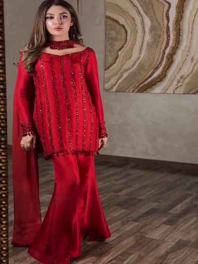 Red Beads Work Partywear Palazzo Suit UK Next Day - BONYHUBSALWAR KAMEEZ