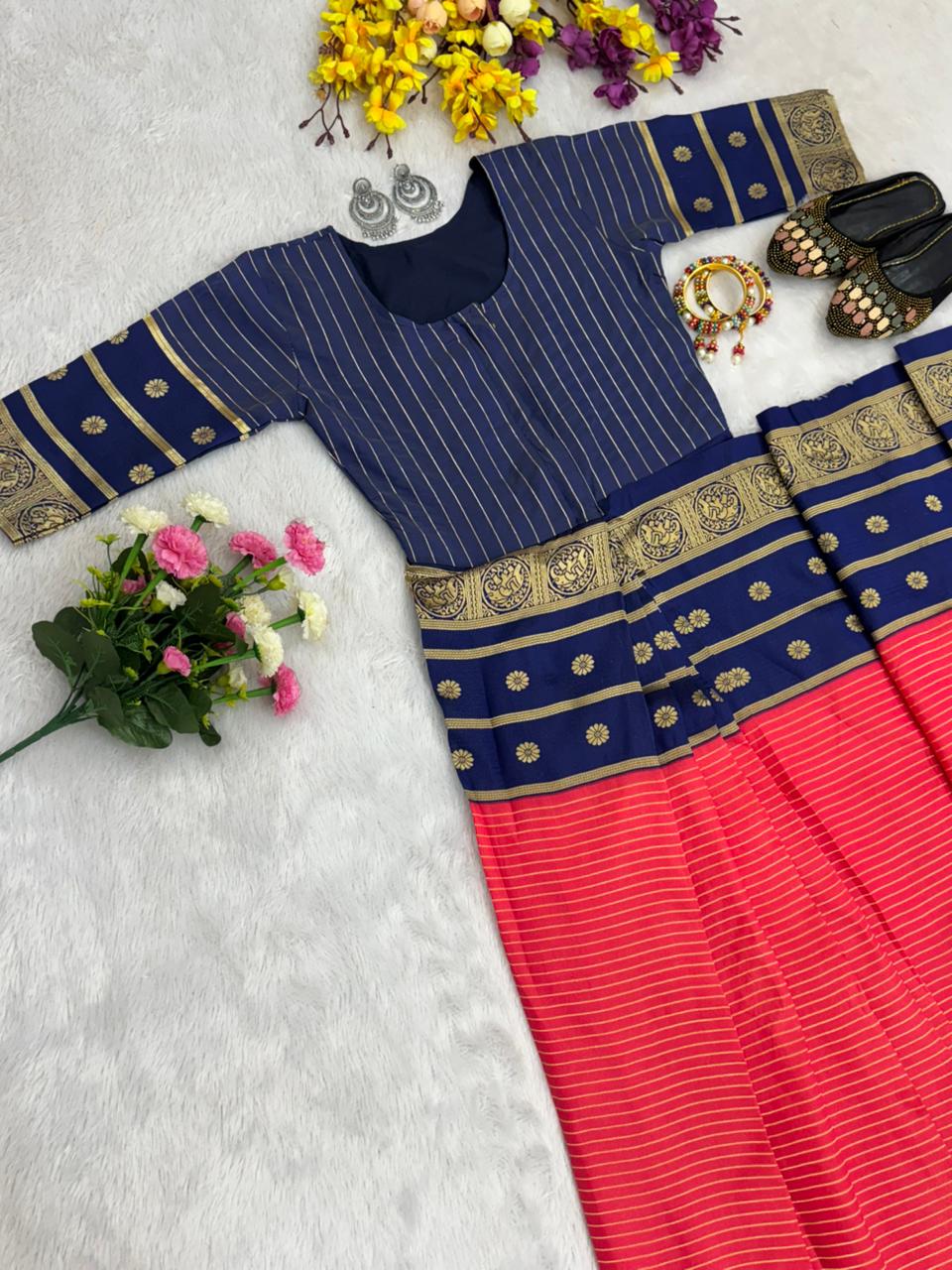 Red Blue Silk Ready-to-Wear Saree Gown - BONYHUBSAREE