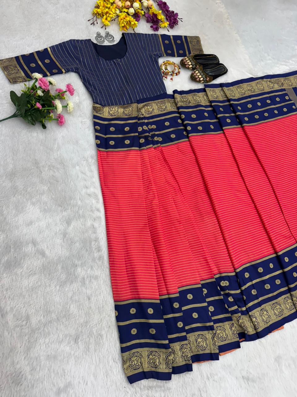 Red Blue Silk Ready-to-Wear Saree Gown - BONYHUBSAREE
