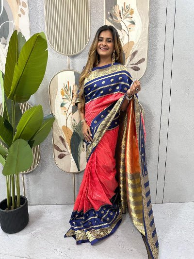 Red Blue Silk Ready-to-Wear Saree Gown - BONYHUBSAREE