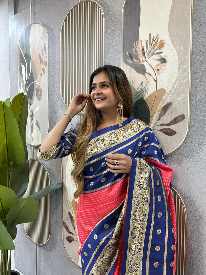 Red Blue Silk Ready-to-Wear Saree Gown - BONYHUBSAREE