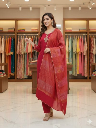 Red Chanderi Embroidered Straight Suit Jacquard Dupatta - BONYHUBSALWAR KAMEEZ