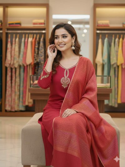 Red Chanderi Embroidered Straight Suit Jacquard Dupatta - BONYHUBSALWAR KAMEEZ