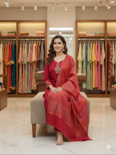 Red Chanderi Embroidered Straight Suit Jacquard Dupatta - BONYHUBSALWAR KAMEEZ