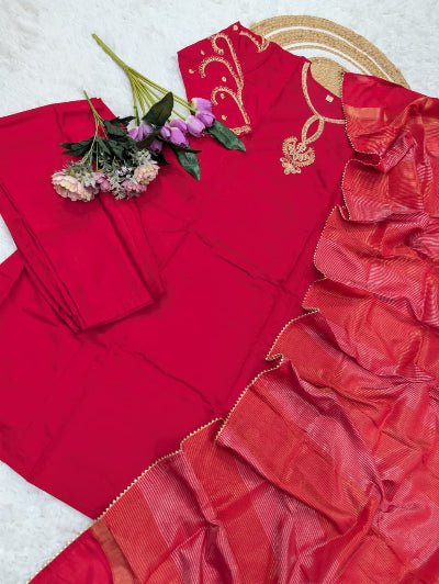 Red Chanderi Embroidered Straight Suit Jacquard Dupatta - BONYHUBSALWAR KAMEEZ