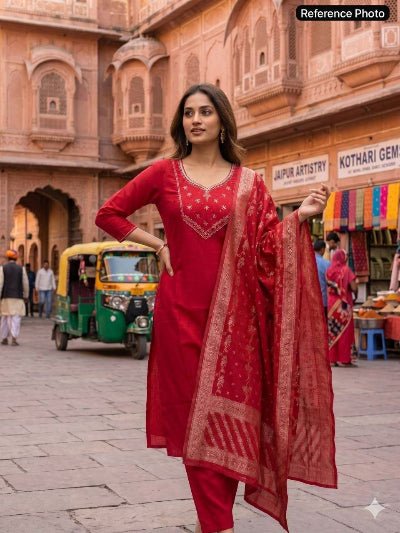 Red Chanderi Hand Work Straight Suit - BONYHUBSALWAR KAMEEZ