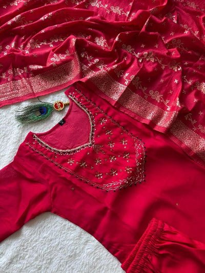 Red Chanderi Hand Work Straight Suit - BONYHUBSALWAR KAMEEZ